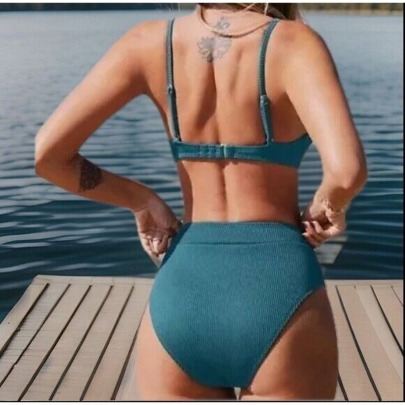 Cupshe Women’s Blue Ribbed Bikini Set Small Scoop Neck Top High Waist Bottom - Picture 2 of 8